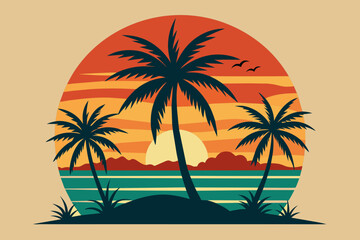 Vintage Summer Palm Beach  Minimalist Vector Illustration