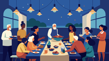 Multigenerational Family Enjoying Evening Meal Together Under Warm Lights