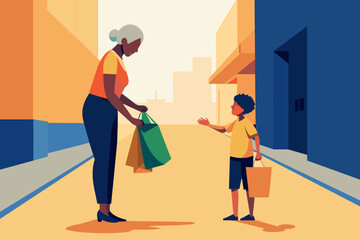 Elderly Woman and Young Boy Shopping in Urban Neighborhood