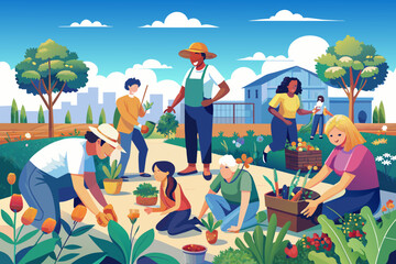 Community Garden Gathering: Volunteers Tending Urban Green Space