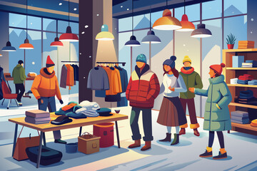 Vibrant Winter Clothing Store With Shoppers in Seasonal Attire
