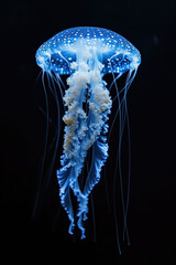 blue iridescent jelly fish in the sea, black background, isolated