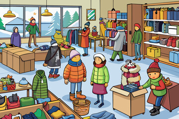 Colorful Winter Clothing Store Interior with Customers Shopping