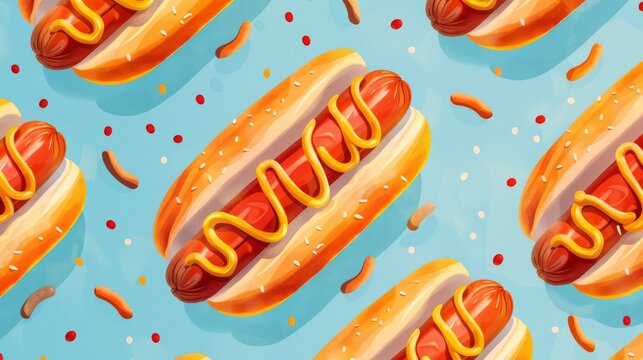 Playful hot dog pattern sprawled on a soft blue canvas, a perfect mix of fun and appetite for food-themed artistic projects