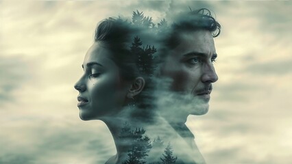 A dreamlike double exposure image merges the profiles of a contemplative man and a serene woman with the silhouettes of towering trees against a cloudy sky, evoking a sense of unity with nature.
