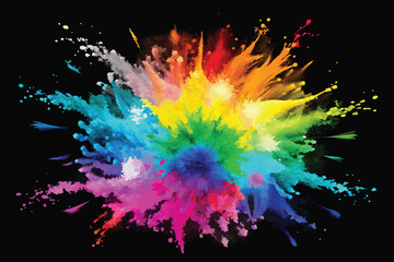 colorful rainbow holi paint color powder explosion vector, isolated wide black panorama background