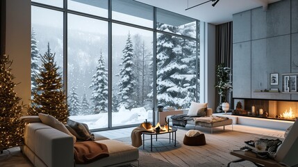 Cozy Modern Living Room with Festive Decor Overlooking a Snowy Winter Landscape