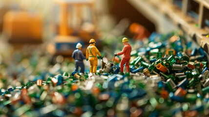 Tilt-shift image of miniature workers sorting through a pile of colorful plastic caps, energy saving sustainable green city concept.