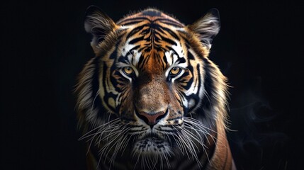 A Close-Up of a Tiger set against a dark background, the intense and majestic presence of a tiger. Generative AI