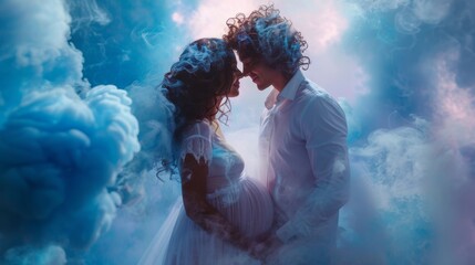 Happy couple, young family  having a gender reveal party. Blue smoke grenade. Gender reveal, it is a boy or girl concept. Generative ai