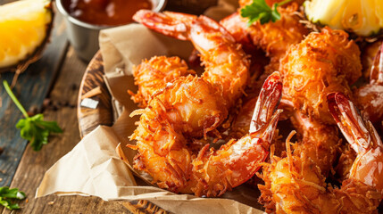 Sumptuous coconut shrimp platter with dipping sauces on rustic table