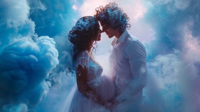 Happy couple, young family  having a gender reveal party. Blue smoke grenade. Gender reveal, it is a boy or girl concept. Generative ai