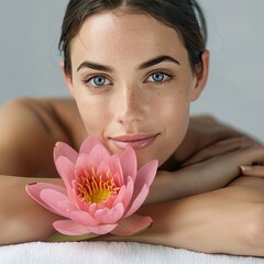 A young woman is resting after a massage with a lotus flower on a white background