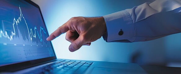 A man's hand in a white office shirt points at a laptop screen with a stock chart. The concept of trading.