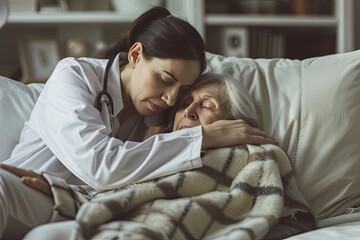 A young female doctor hugs an old woman lying in bed. Taking care of the older generation.