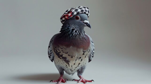 Plucky pigeon in a sports cap struts with swagger across white