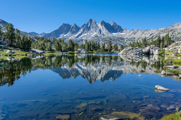 Fototapeta na wymiar Pristine mountain lake with a mirrored reflection of the surrounding peaks