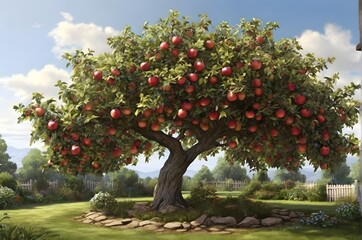 A huge apple tree with a lot of red apples in the park.