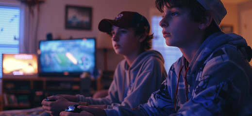 Young Teenagers Gamers Engrossed in Intense Video Game Session at Night. Generative ai.