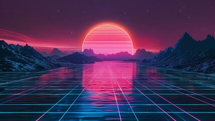 Ethereal Sunset Vaporwave Landscape with Glowing Neon Grid Reflection