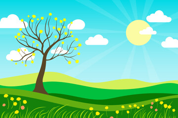 Landscape vector illustration of green fields and meadows, spring flowers and blossoming tree. Simple landscape of natural green fields with lush grass. Natural landscape.