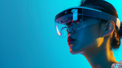 Asian woman looking in VR virtual reality goggles. Futuristic lifestyle. Theme of technology, AI, fantasy and playing people. Metaverse technology concept. Blue background in studio.