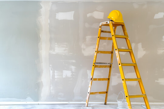 A construction ladder and a helmet stand against the wall. Apartment renovation and decoration concept