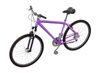 Purple bicycle, side front view. Black leather saddle and handles. Png clipart isolated on transparent background