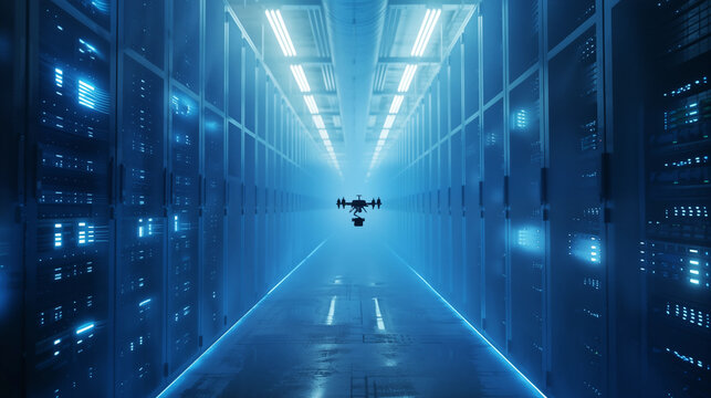 long, narrow corridor flanked by high-tech server racks emitting blue light. A drone is hovering in the middle of the corridor. Overhead lights cast a bright, white glow.