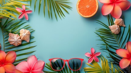Blue Background With Oranges, Sunglasses, and Palm Leaves