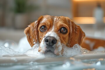 A close-up shot showcasing the enjoyment and care of a pet dog taking a bath, symbolizing cleanliness and pet care