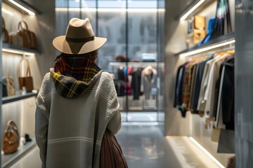 Shopping for Clothes: A Stylish Woman in a Modern Boutique. Concept Fashion Trends, Stylish Outfits, Modern Boutique, Clothing Shopping, Women's Fashion