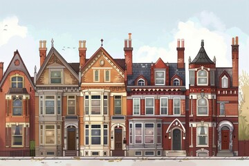 Row of Victorian-style private houses crafted from bricks, showcasing the intricate beauty of residential architecture in an exterior illustration