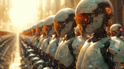 Futuristic robotic army aligned in a dystopian battlefield with hazy backdrop