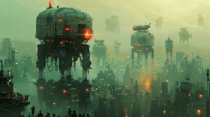 Futuristic robotic army aligned in a dystopian battlefield with hazy backdrop