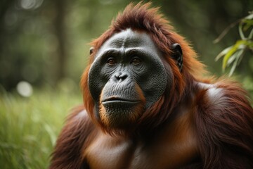 close up of an orangutan looking at something