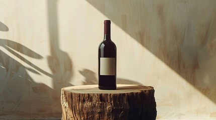 Bottle of red wine with a composition of old wood. Minimalistic composition on a beige background...