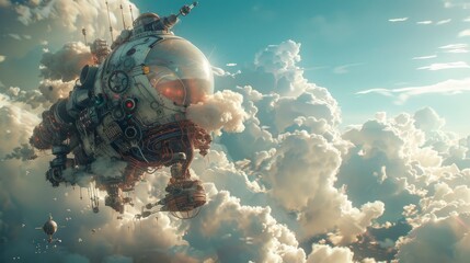 Surreal sky city: A steampunk spaceship floats among fluffy clouds