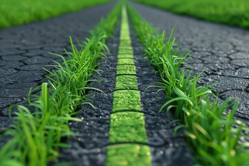 Grass growing as car tire tracks print in the middle of an asphalt road, eco-friendly vehicle concept