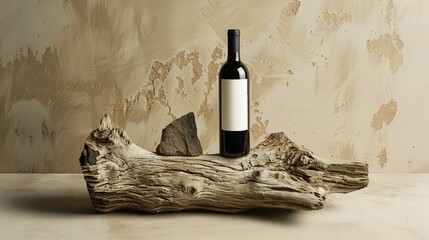 Bottle of red wine with a composition of old wood. Minimalistic composition on a beige background...