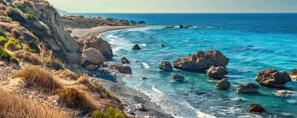 A beautiful view of the coastline with beach and sea.