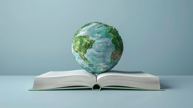 3d rendering style of open book with globe on blue background. Teachers day. Back to school. Student day