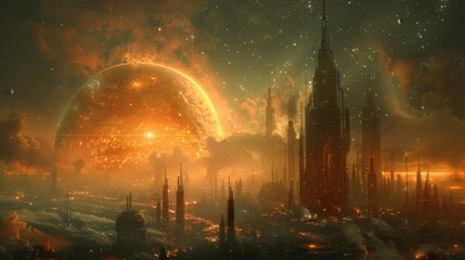 Futuristic cityscape with giant red planet and mysterious figure in a cloak
