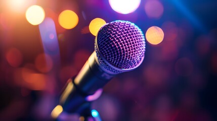 Close-up image of a microphone on a stage, representing karaoke, music concerts, and performance venues. Generative Ai.