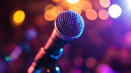 Close-up image of a microphone on a stage, representing karaoke, music concerts, and performance venues. Generative Ai.