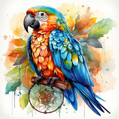 Fototapeta premium Watercolor Parrot & Dreamcatcher Illustration, Generative Ai