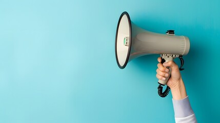 Person's hand gripping a megaphone against a blue background. Promotion ad concept.