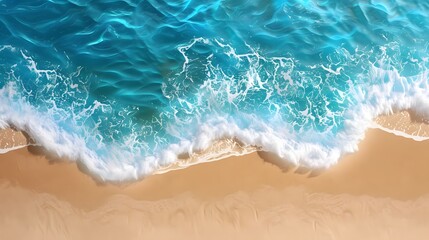 Fototapeta na wymiar Drone top view at a tropical beach with a bleu ocean, Overhead photo of crashing waves on the shoreline beach. Tropical beach surf.