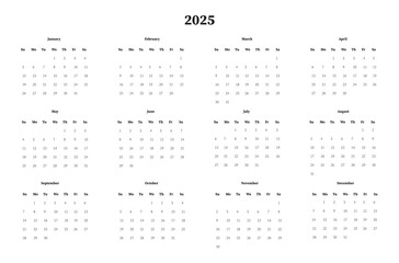 Simple editable vector calendar. Annual calendar template for 2025 year. Week starts on Sunday. Business calendar in a minimalist style for 2025 year. Calendar for planner or diary.