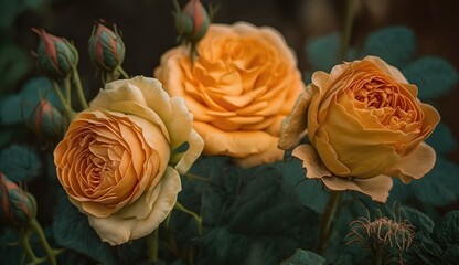 There are three orange roses with green leaves and buds in the image. The roses are in focus and have a blurred background.

